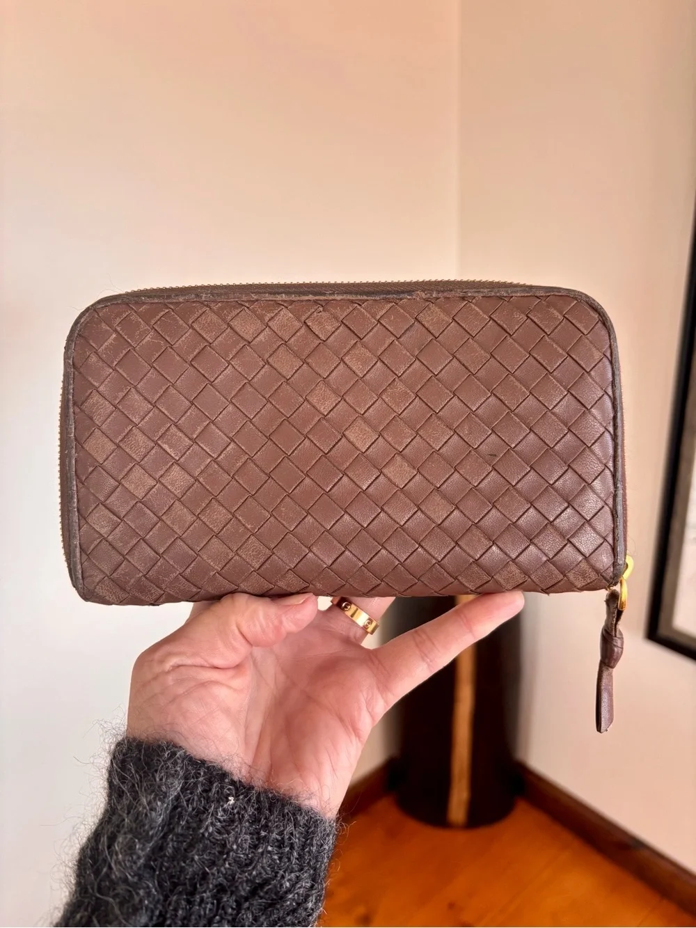 BOTTEGA VENETA Brown Intrecciato Woven Leather Zip Around Wallet